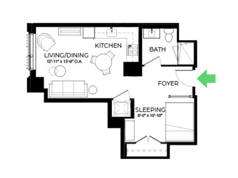 Floor plan for studio, 1 bath, 539 sqft